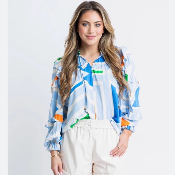 Karlie Tops - Karlie Blue and White Striped Blouse with Orange and Green Accents